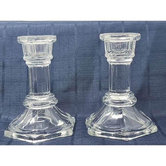 Vintage Set Of 2 Pressed Glass Clear Candle Stick Holders‎ Candle Holders - Picture 2 of 8